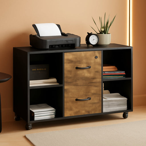 Filing Cabinet Lateral File Cabinet with 2 Drawer and 4 Open Compartments for Letter Size A4 Size, Printer Stand for Home Office, Black/Rustic Brown