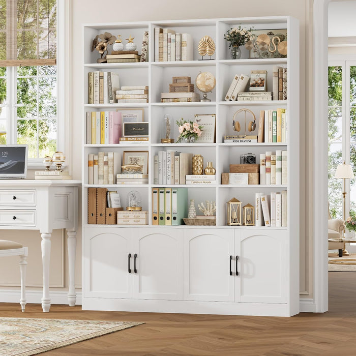 82.3" Triple Wide Bookshelf, Tall Bookcase with 4 Doors, White