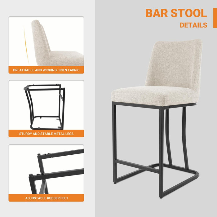 Counter Height Bar Stools Set of 4, 24 Inch Seat Height Bar Chairs for Kitchen Island, Linen Fabric Upholstered Barstools with Metal Feet for Dining Room, Beige