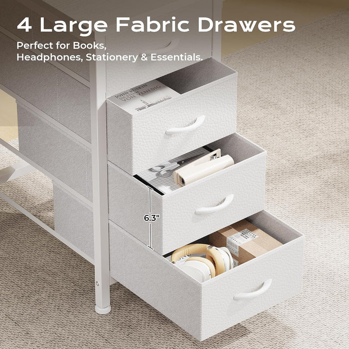 63 Inch L Shaped Desk with Fabric Drawers, Reversible Computer Gaming Desk with Power Outlets and USB-C Port, Adjustable Side Storage Shelves, for Work Study Corner Home Office, White