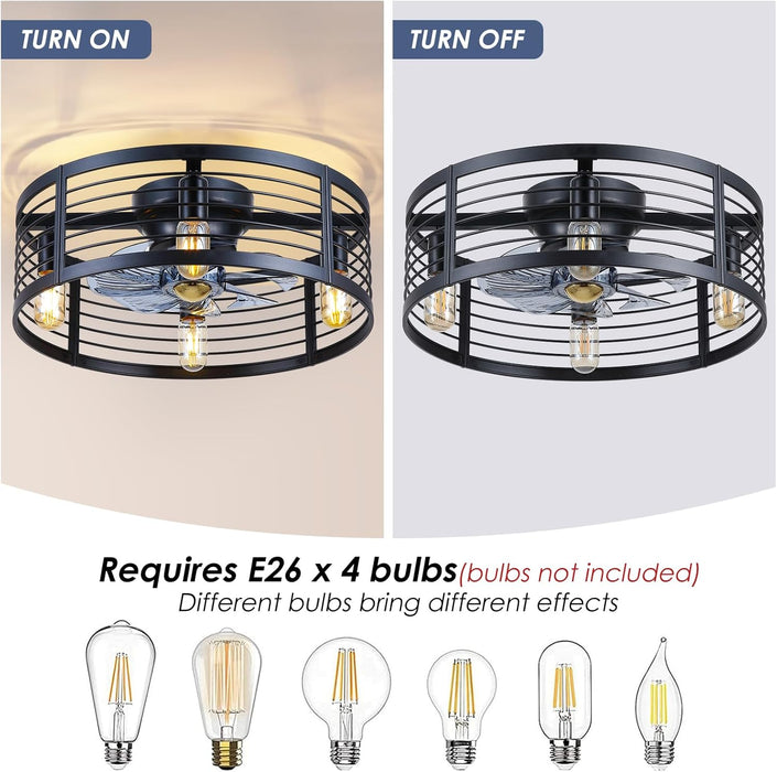 Caged Ceiling Fan with Light Flush Mount, 20 Inch Low Profile Black Fandelier with Remote, Bladeless Ceiling Fans with Lights for Bedroom Kitchen Dining Room (Bulb Not Included)