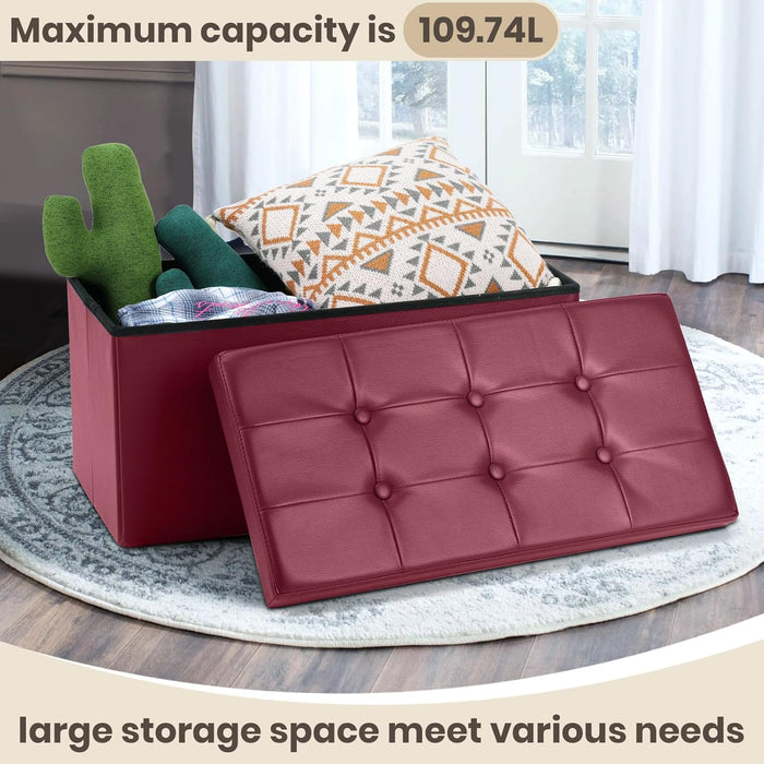 Ottoman Bench with Storage 30X15X15 Inches White Ottoman for Room Folding Leather Footrest Footstool Rectangle Collapsible Furniture with Lid for Bedroom Living Room Burgundy