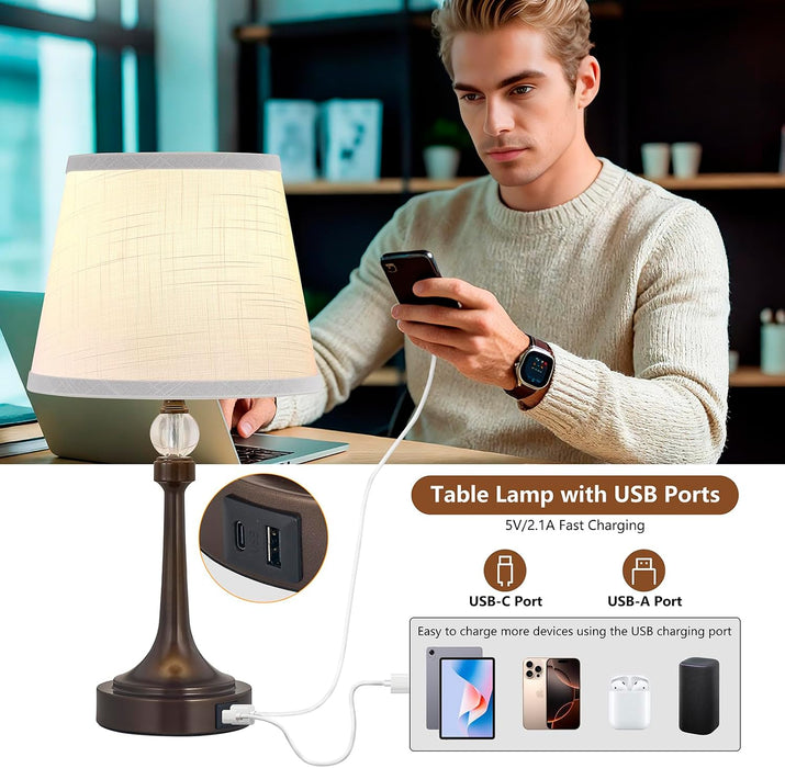 Touch Brown Table Lamp Set of 2 with USB C+A Ports-19.7''