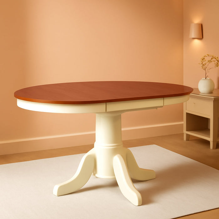 AVT-WHI-TP Avon Dining Table - an Oval Wooden Table Top with Butterfly Leaf & Pedestal Base, 42X60 Inch, Buttermilk & Cherry