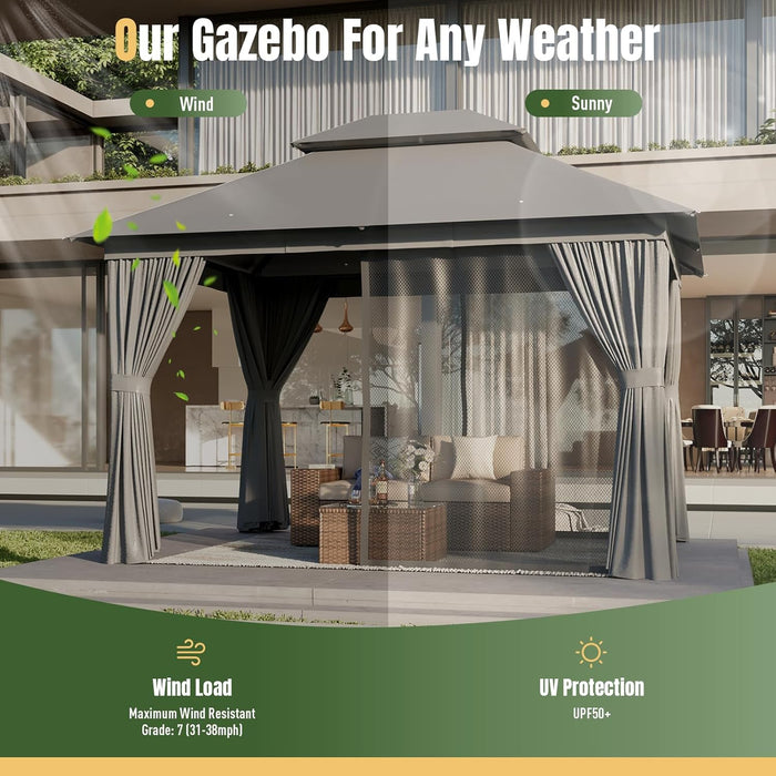 Outdoor Gazebo for Patio 10X12, Metal Frame Canopy with Double Roofs, Heavy Duty Party Tent and Shelter with Mosquito Netting and Privacy Screen for Backyard, Lawn, Garden, Deck