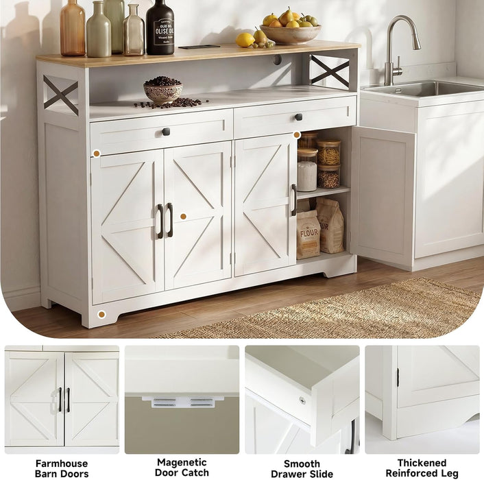 Sideboard Buffet Cabinet with Storage, 47" Kitchen Buffet Cabinet with Charging Station, Farmhouse Coffee Bar Station with Drawers and Doors, Credenza for Kitchen Living Room Entryway, White