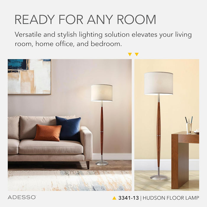 Hudson Floor Lamp - Adjustable Brightness, Perfect Lighting for Bedroom, Living Room and Corner Decor, Maple Eucalyptus Wood & Satin Steel Accents, Soft/White Lampshade