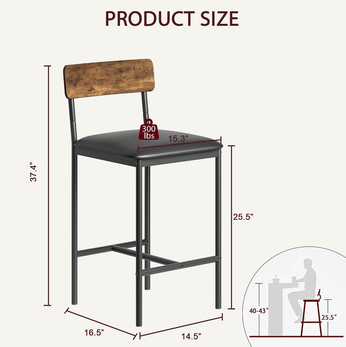 Bar Stools Set of 2, Kitchen Bar Stools with Footrest, 25.5 Inches Upholstered Bar Chairs with Back, 2 Counter Height Barstools for Counter Bar, Island, Easy Assembly, Rustic Brown