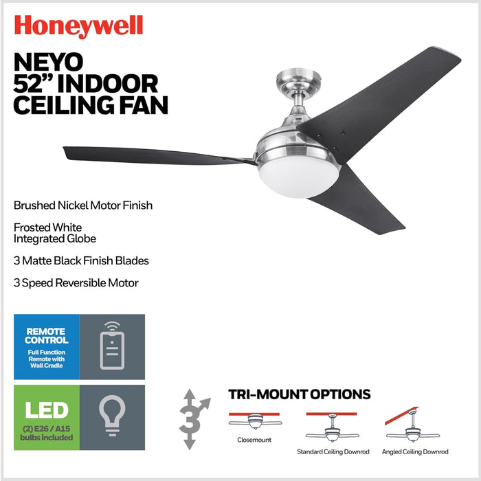 Ceiling Fans Neyo, 52 Inch Contemporary Indoor LED Ceiling Fan with Light, Remote Control, Modern High Performance Blades, Reversible Motor Model- 51803 (Brushed Nickel)