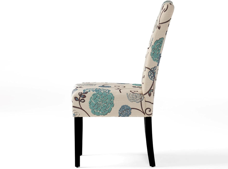 Evangeline Contemporary Fabric Dining Chairs (Set of 4), 17.5D X 26.75W X 39H Inch, Light Beige with Blue Floral, Espresso