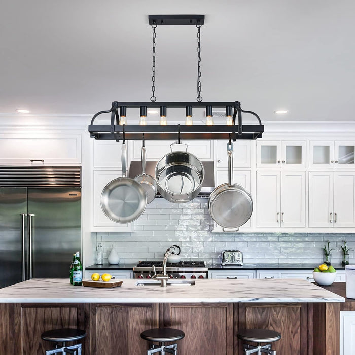 6-Light Metal Pot Hanging Rack Chandelier Linear Pendant Ceiling Lighting Rustic Farmhouse Fixture Kitchen Island Dining Room, H 9.8" L 40.6" W11.8, E26 Base, Black