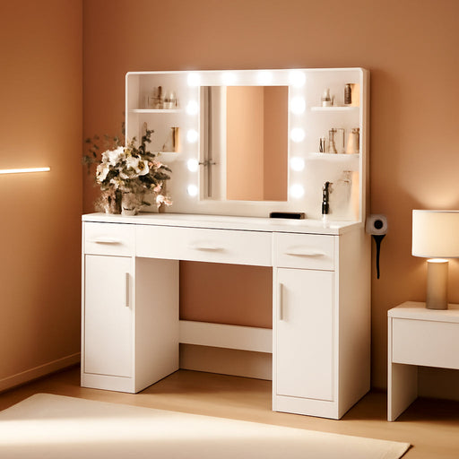 Makeup Vanity Desk with Mirror and Adjustable 10 LED Bulbs, White | Vanity Makeup Table with Power Outlets and Hairdryer Rack, Dressing Table with 3 Drawers & 2 Large Cabinet, 3 Color Lighting
