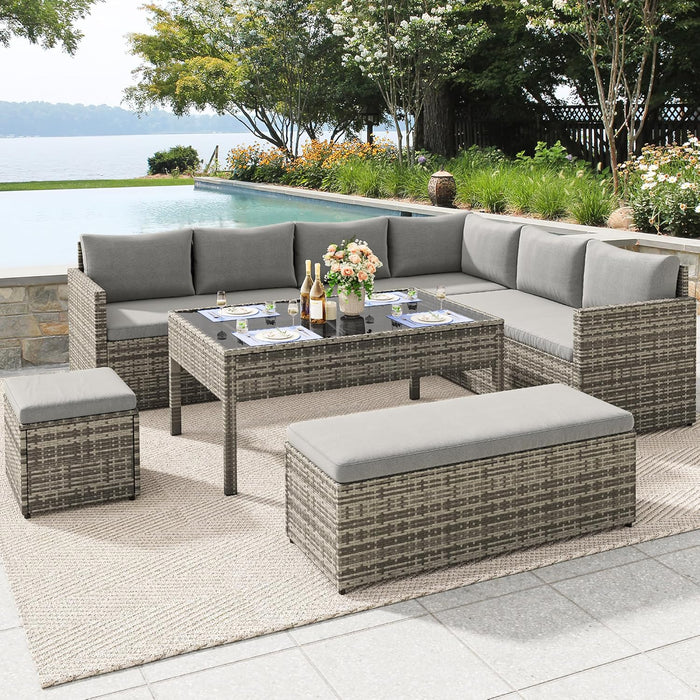 L-Shaped Outdoor Sectional Sofa Set with Adjustable Lift-Top Dining Table, All-Weather Wicker Patio Furniture, Ottoman & Tempered Glass Top, Gray Gradient