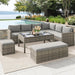 L-Shaped Outdoor Sectional Sofa Set with Adjustable Lift-Top Dining Table, All-Weather Wicker Patio Furniture, Ottoman & Tempered Glass Top, Gray Gradient