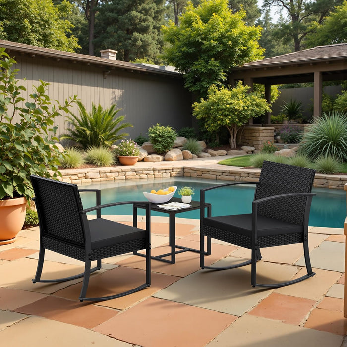 Patio Furniture Set 3 Piece Resin Outdoor Bistro Set Rocking Patio Chairs with Cushions and Table for Porch, Poolside, Balcony and Yard (Black)