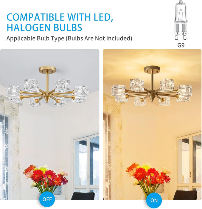 Goldtone Eight Light Sputnik Flush Mount Chandelier