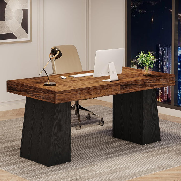 55 Inches Executive Desk, Mid-Century Modern Home Office Desk, Wood Computer Table Business Workstation Small Conference Table, Black & Brown