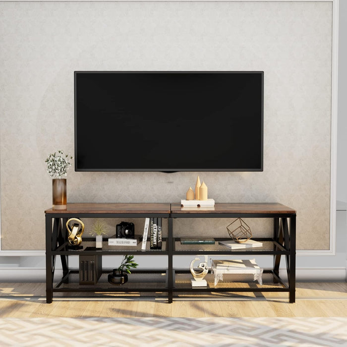 TV Stand for Tvs up to 65 Inch, 55" Long Industrial TV Console Table with 3-Tier Storage Shelves, Entertainment Center for Living Room, Bedroom (Brown)