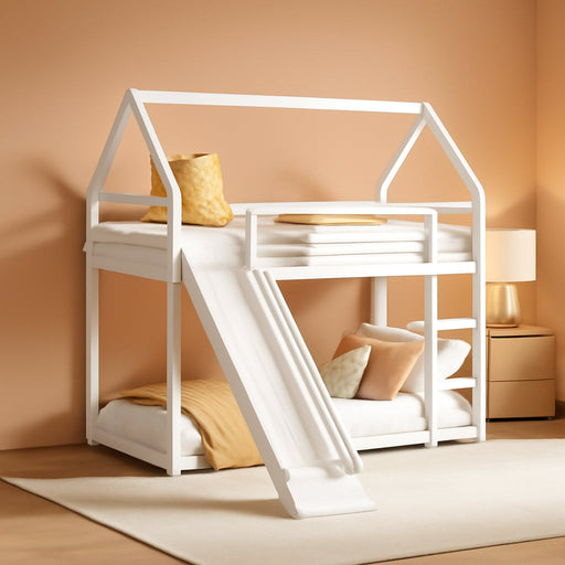 Twin over Twin Metal Floor Bunk Bed with Slide,Metal Junior House Twin Size House Bunk Bed Frame with Ladder & Roof for Boy Girl, No Box Spring Needed,Low Bunk Bed Frame with Convertible Slide