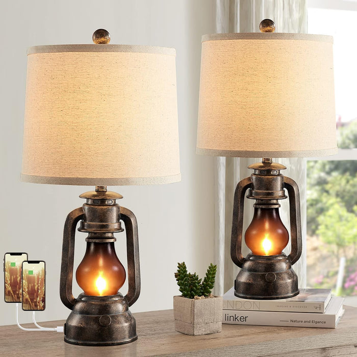 Farmhouse Lantern Table Lamps for Living Room Set of 2 with USB C+A