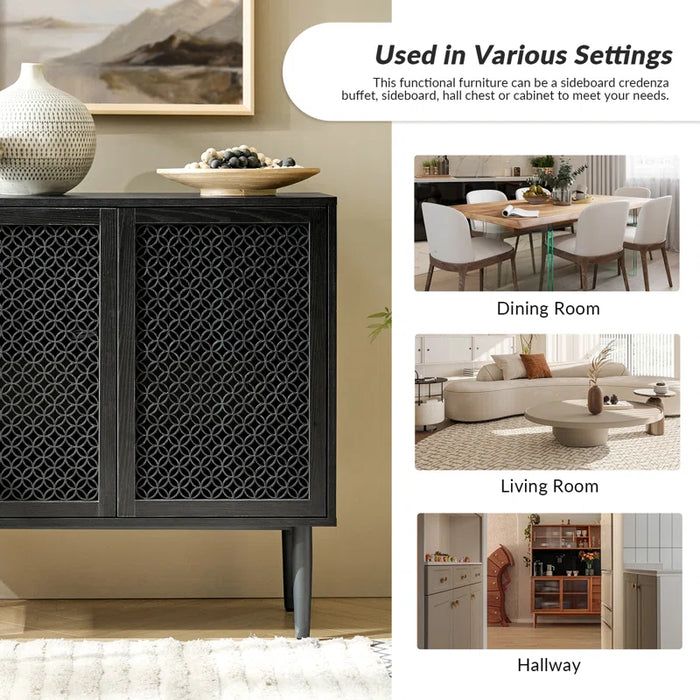 Fabion 32"Tall Built-In LED Lights Wood-Carved 2-Door Accent Cabinet Set of 2