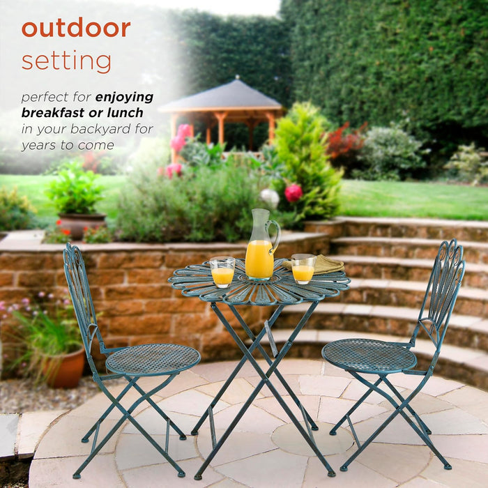 Indoor/Outdoor 3-Piece Peacock Feather Rustic Metal Bistro Set Patio Seating, Light Blue