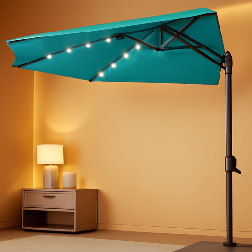 9 FT Solar Half Patio Umbrella with 25 LED Lights, Half Outdoor Umbrella with Button Tilt, Half round Table Umbrella for Deck, Backyard, Balconies, Decks, Rvs, UV Protection (Aqua Blue)