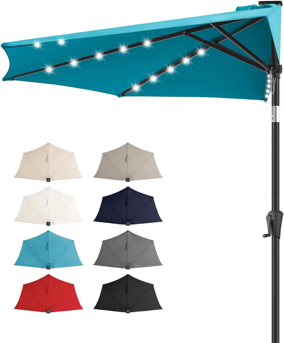 9 FT Solar Half Patio Umbrella with 25 LED Lights, Half Outdoor Umbrella with Button Tilt, Half round Table Umbrella for Deck, Backyard, Balconies, Decks, Rvs, UV Protection (Aqua Blue)