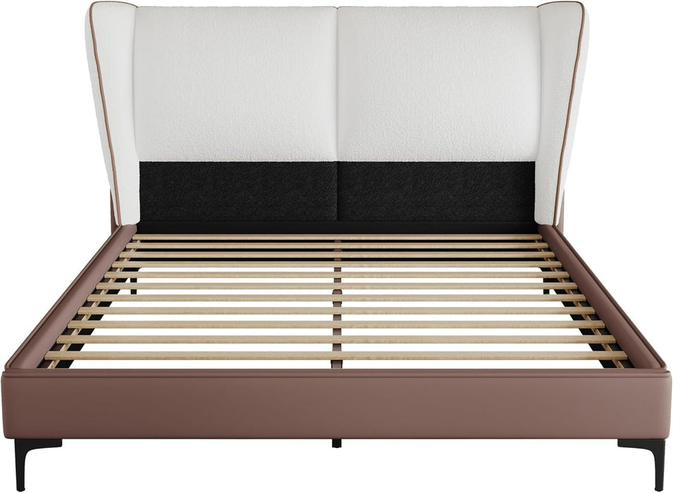 Queen Size Teddy Fleece Thick Fabric Upholstered Platform Bed,Cloud Bed Frame with Wingback Headboard,Bed Frame with Piping,Pu Upholstered Bed Frame,No Box Spring Needed, Easily Assembly,White
