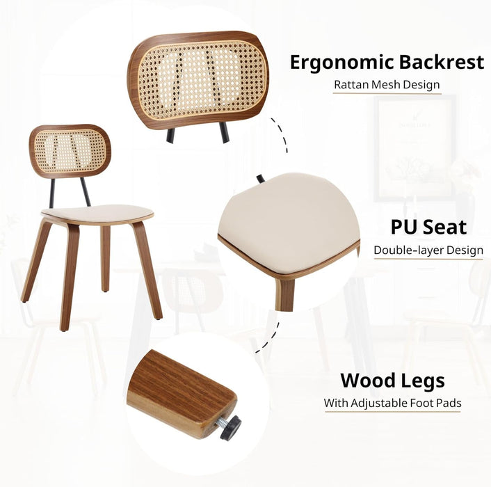 Modern Dining Chairs Set of 4, Upholstered Faux Leather Dining Room Chairs with Rattan Backrest and Wood Legs, Armless Wood Kitchen Chairs for Dining Room, Beige