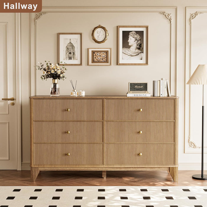 Fluted 6 Drawers Dresser, 54" Wide Modern Chest of Drawers with round Corners, Wooden Dresser TV Stand, Wood Drawer Organizer for Bedroom, Living Room, Hallway