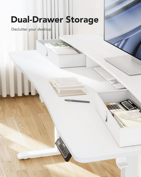 48″ X 24″ Electric Standing Desk with 2 Drawers, C-Clamp Mount Compatible, Height Adjustable Computer Desk, Home Office Stand up Desk with 4 Preset Heights & 2 Hooks, White