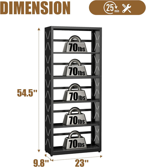 5 Tier Bookshelf, 55"Metal Display Book Shelf, Adjustable Bookcase | Black Bookshelf, Modern Utility Shelf, Tall Storage Shelves, Open Book Case for Office, Living Room, Kitchen, Study Room-23"W