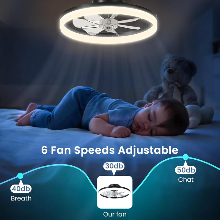 Ceiling Fan with Light, 20" Modern Low Profile Foldable Ceiling Fans with 6 Wind Speeds, Dimmable Smart Ceiling Fan Light with Remote for Bedroom, Kids Room and Living Room (Black)