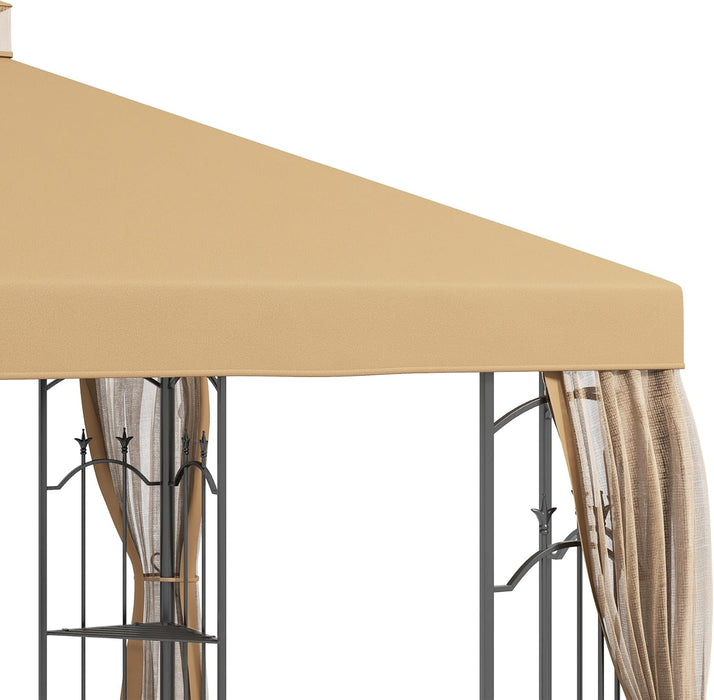 10' X 12' Patio Gazebo with Corner Frame Shelves, Double Roof Outdoor Gazebo Canopy Shelter with Netting for Patio, Wedding, Catering & Events, Brown