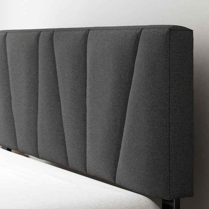 Queen Maya Upholstered Bed Frame with Asymmetric Headboard, Durable Wooden Slats, Sturdy Framework, Noise Free Sleep, No Box Spring Needed, Easy Assembly, Eco Friendly Packaging, Dark Grey