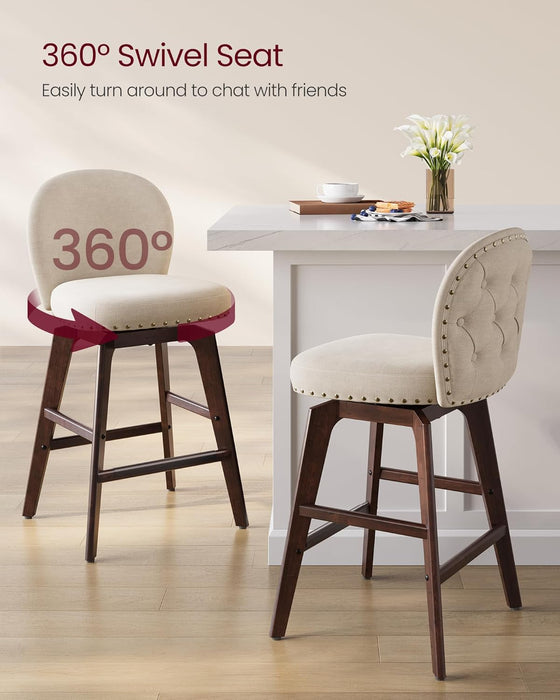 Bar Stools Set of 2, Swivel Counter Height Bar Stools with Back and Wood Legs, Chenille Fabric Upholstered Barstools, 26.2-Inch Tall Counter Barstools for Kitchen Island, Cappuccino Beige