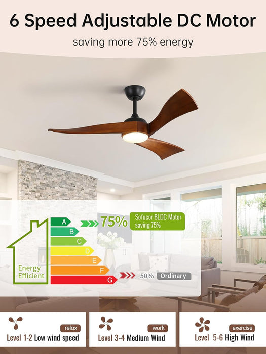 52 Inch Ceiling Fan with Light and Remote, Modern 3 Solid Wood Blades Ceiling Fan, 6 Speeds 5500CFM, Dimmable 3-Color LED with Memory, Timer & Quiet & Reversible DC Motor, ETL, Walnut Wood