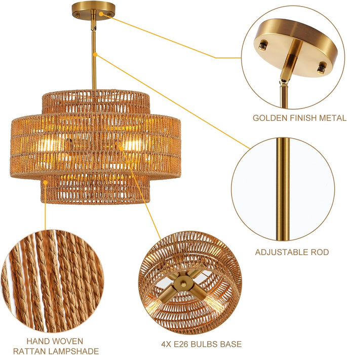 Boho Rattan Chandelier Four Light Fixture Goldtone