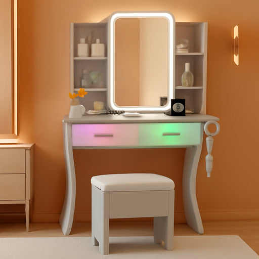 Vanity Desk with LED Lights Mirror & Power Outlet, Small Makeup Vanity Table Set with Storage Drawers & Chair, 3 Lighting Modes & Adjustable Brightness, Dressing Table for Women Girls Bedroom, Green