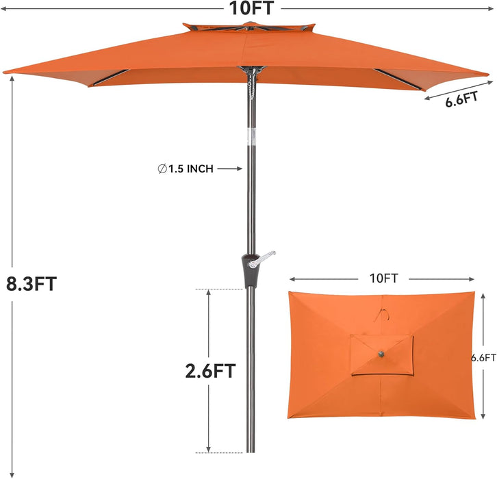 6.6 X 10 Ft Rectangular Patio Umbrella, Outdoor Market Table Umbrella with Push Button Tilt and Crank, Double-Tier Vent, 6 Ribs, Rectangle Patio Umbrella for Backyard, Deck, Pool, Fits 4–6 Chairs and Tables (Orange)