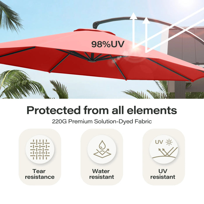 11FT Deluxe Patio Umbrella with Base, Outdoor Large Hanging Cantilever Curvy Umbrella with 360° Rotation, Red