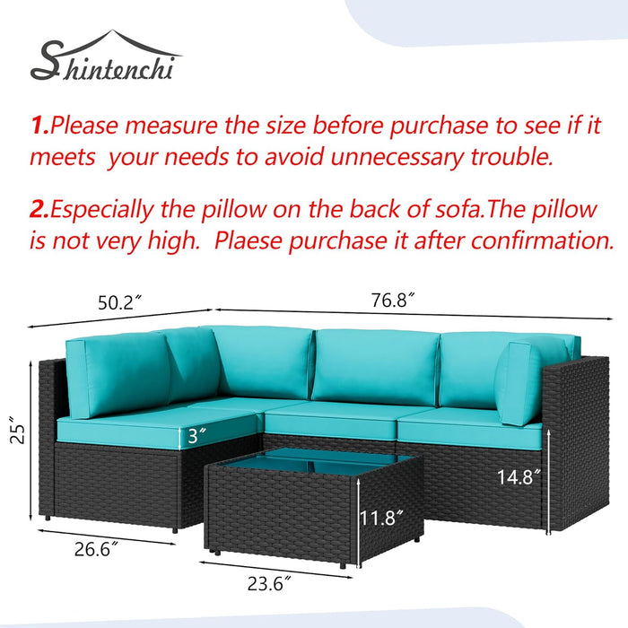 5 Pieces Outdoor Patio Sectional Sofa Couch, Black PE Wicker Furniture Sets, Patio Conversation Sets with Washable Cushions Glass Coffee Table for Garden, Poolside, Backyard,Blue