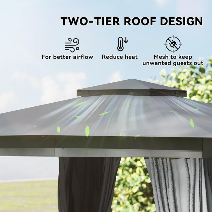10' X 12' Outdoor Patio Gazebo, Heavy Duty Gazebo Canopy Shelter with Double Roof, Curtains, Netting, Steel Frame, UPF30+ Protection, Ceiling Hooks for Lawn, Backyard, Deck, Dark Gray