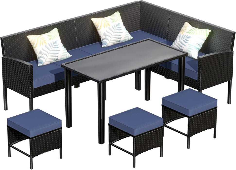 Small Space Patio Furniture Set 7-Piece, Outdoor Sectional Sofa with Waterproof Cushions, Space-Saving Backyard Furniture Set, Glass Table, Perfect for Patio, Garden, Balcony, Dark Blue.