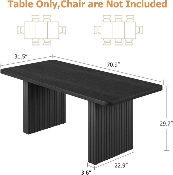 Modern Dining Table for 6-8, 71" Rectangular Farmhouse Kitchen Table with 3.6"×22.9" Black Fluted Wave Metal Legs & Wooden Top, Large Dining Table for Home Office, Dining, Black