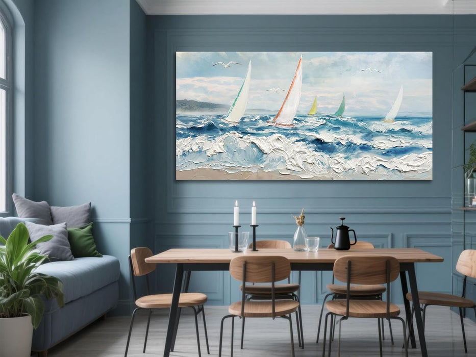 Wave 3D Textured Ocean Wall Art for Living Room Blue Seascape Sailboat Canvas Coastal Painting Artwork for Christmas Gift Bedroom Bathroom Home Office Wall Decor, Large 40"X20"