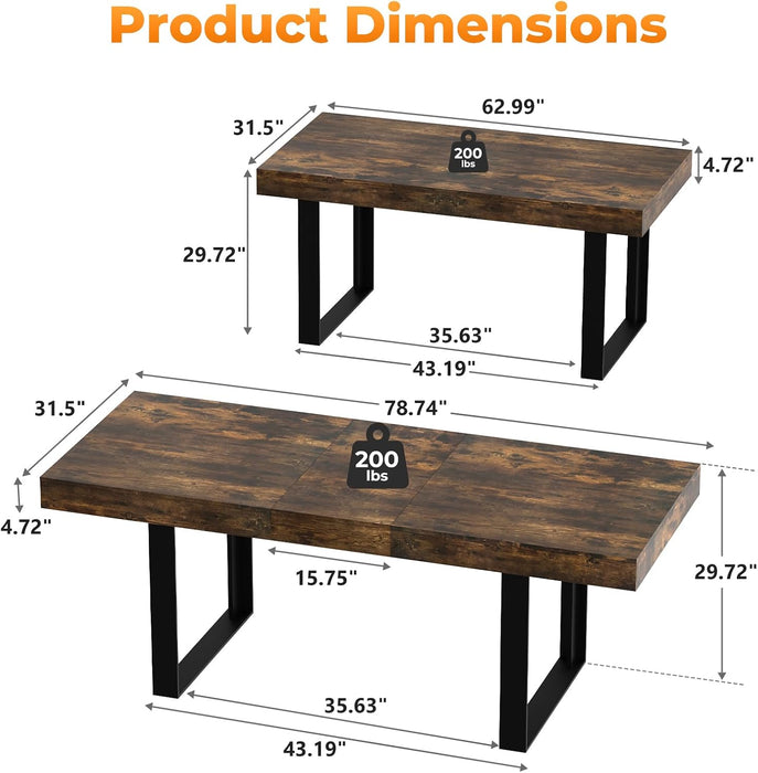 63"-78.7" Extendable Dining Table for 6-8, Farmhouse Kitchen Table