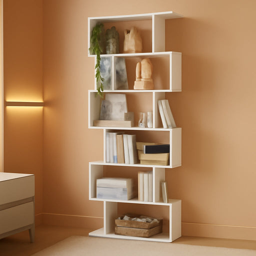 S Shaped Bookshelf, Modern Geometric Bookcase, 6-Tier White Display Case Book Shelf
