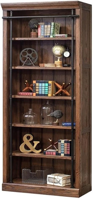Avondale 120" W Contemporary Wood Bookcase Wall with Ladder Storage Organizer Display, 5 Adjustable Shelves, Ringed Steel Frame, Fully Assembled, in Brown Finish